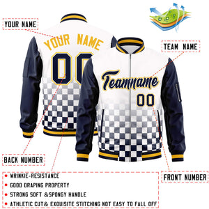 Custom White Navy-Gold Grid Varsity Full-Zip Color Block Letterman Raglan Sleeve Jacket