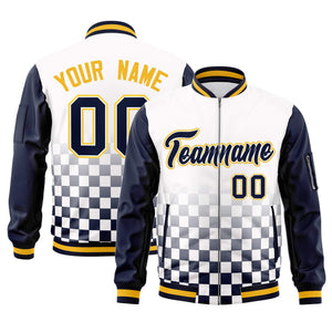 Custom White Navy-Gold Grid Varsity Full-Zip Color Block Letterman Raglan Sleeve Jacket