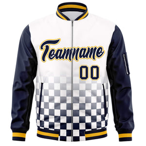 Custom White Navy-Gold Grid Varsity Full-Zip Color Block Letterman Raglan Sleeve Jacket