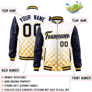 Custom White Navy-Gold Grid Varsity Full-Zip Color Block Letterman Raglan Sleeve Jacket