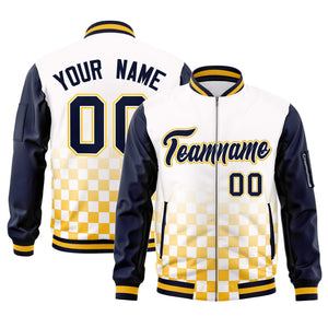 Custom White Navy-Gold Grid Varsity Full-Zip Color Block Letterman Raglan Sleeve Jacket