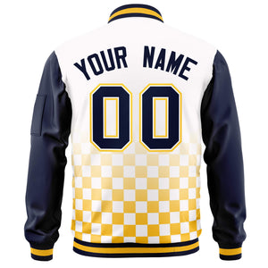 Custom White Navy-Gold Grid Varsity Full-Zip Color Block Letterman Raglan Sleeve Jacket