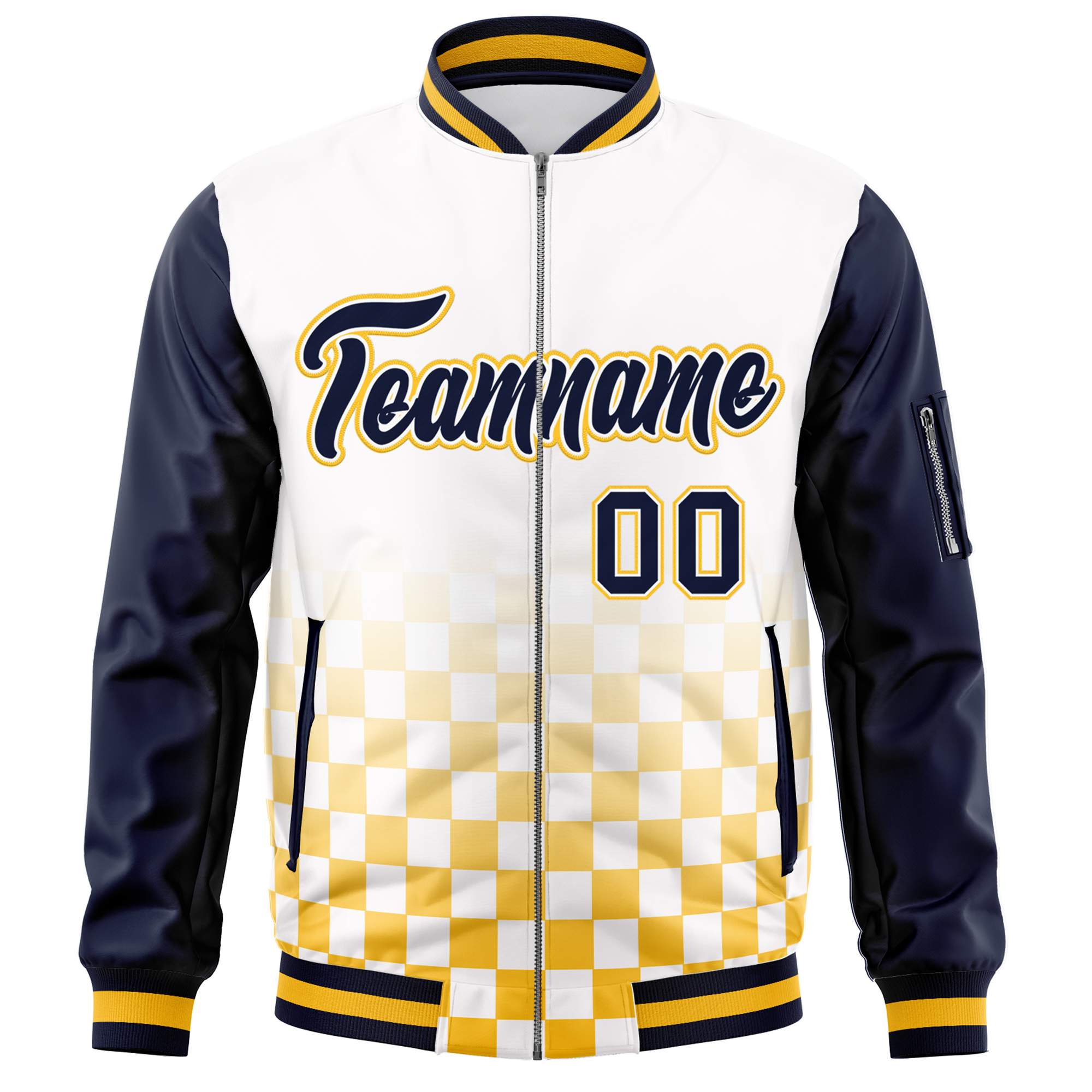 Custom White Navy-Gold Grid Varsity Full-Zip Color Block Letterman Raglan Sleeve Jacket