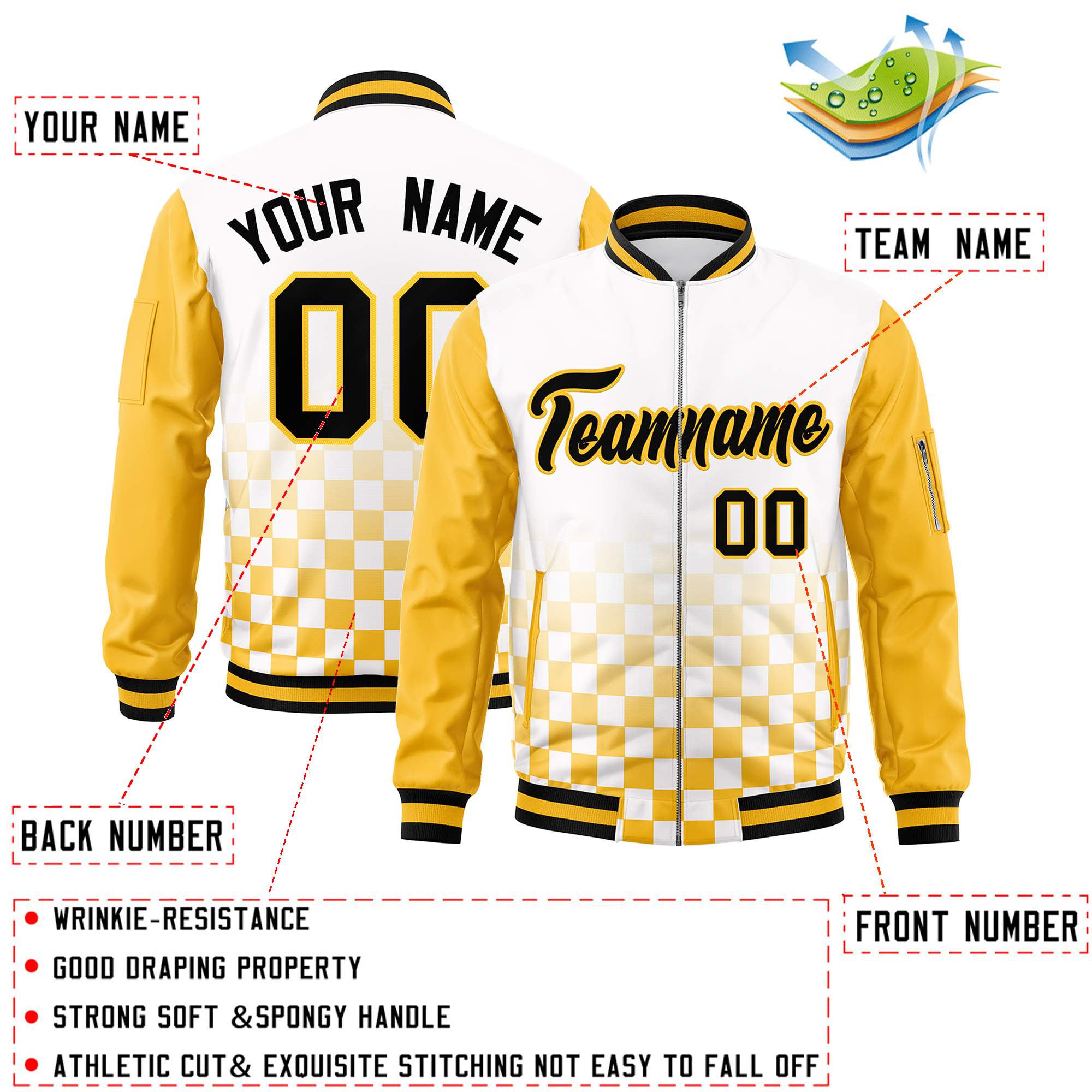 Custom White Black-Gold Grid Varsity Full-Zip Color Block Letterman Raglan Sleeve Jacket