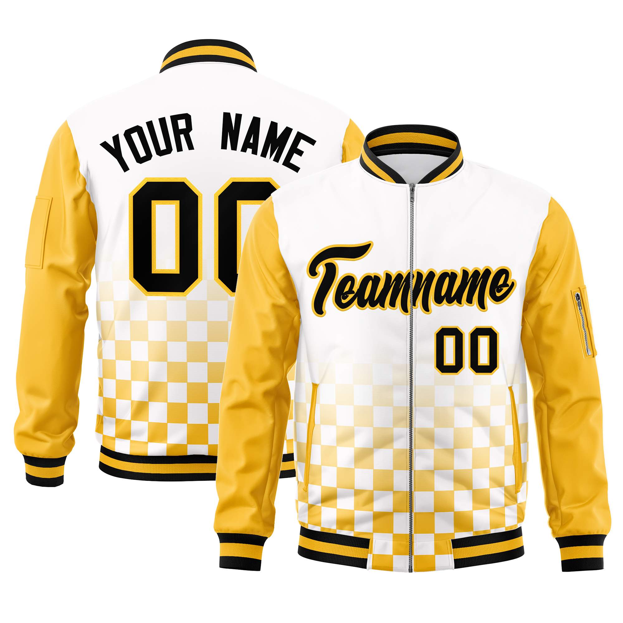 Custom White Black-Gold Grid Varsity Full-Zip Color Block Letterman Raglan Sleeve Jacket