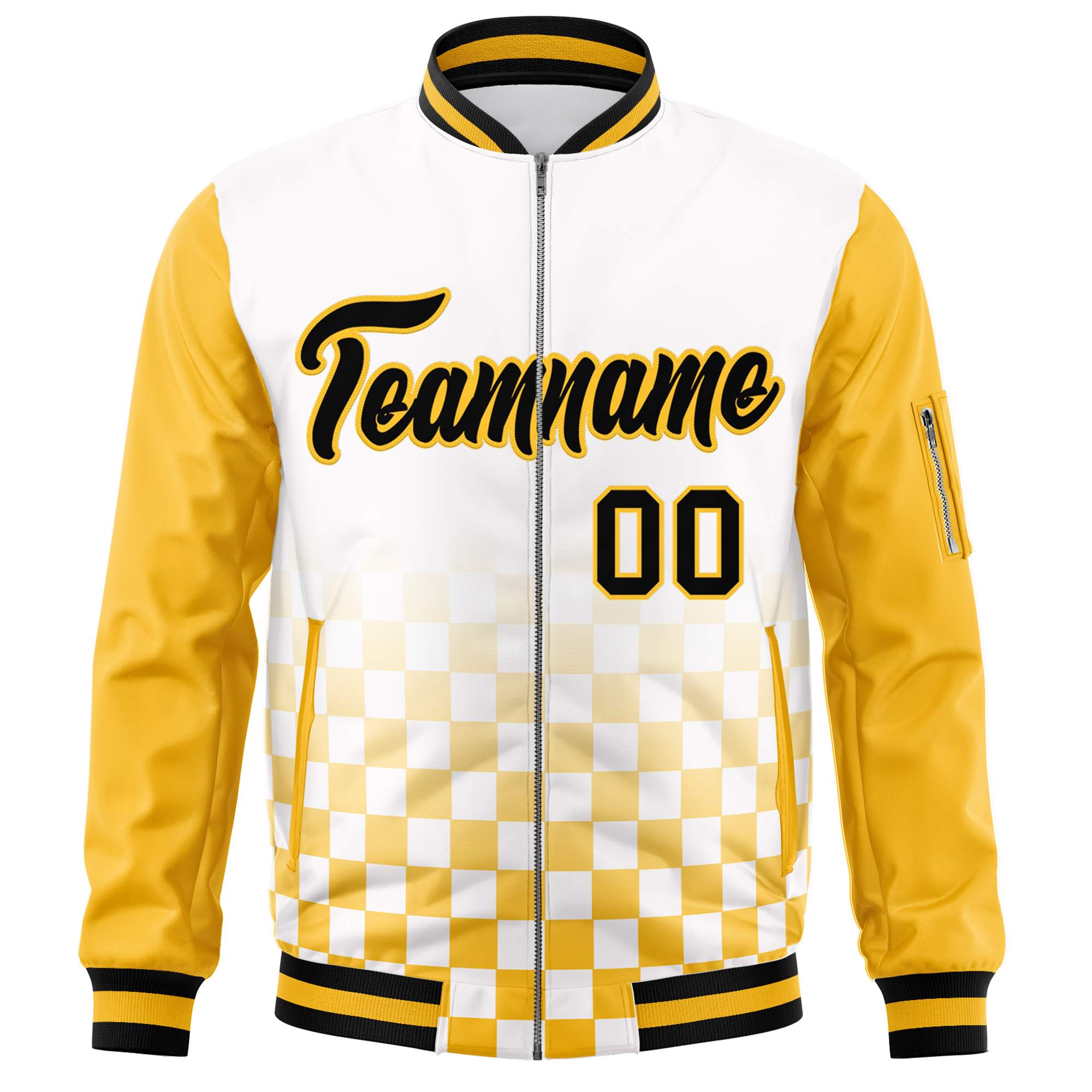 Custom White Black-Gold Grid Varsity Full-Zip Color Block Letterman Raglan Sleeve Jacket