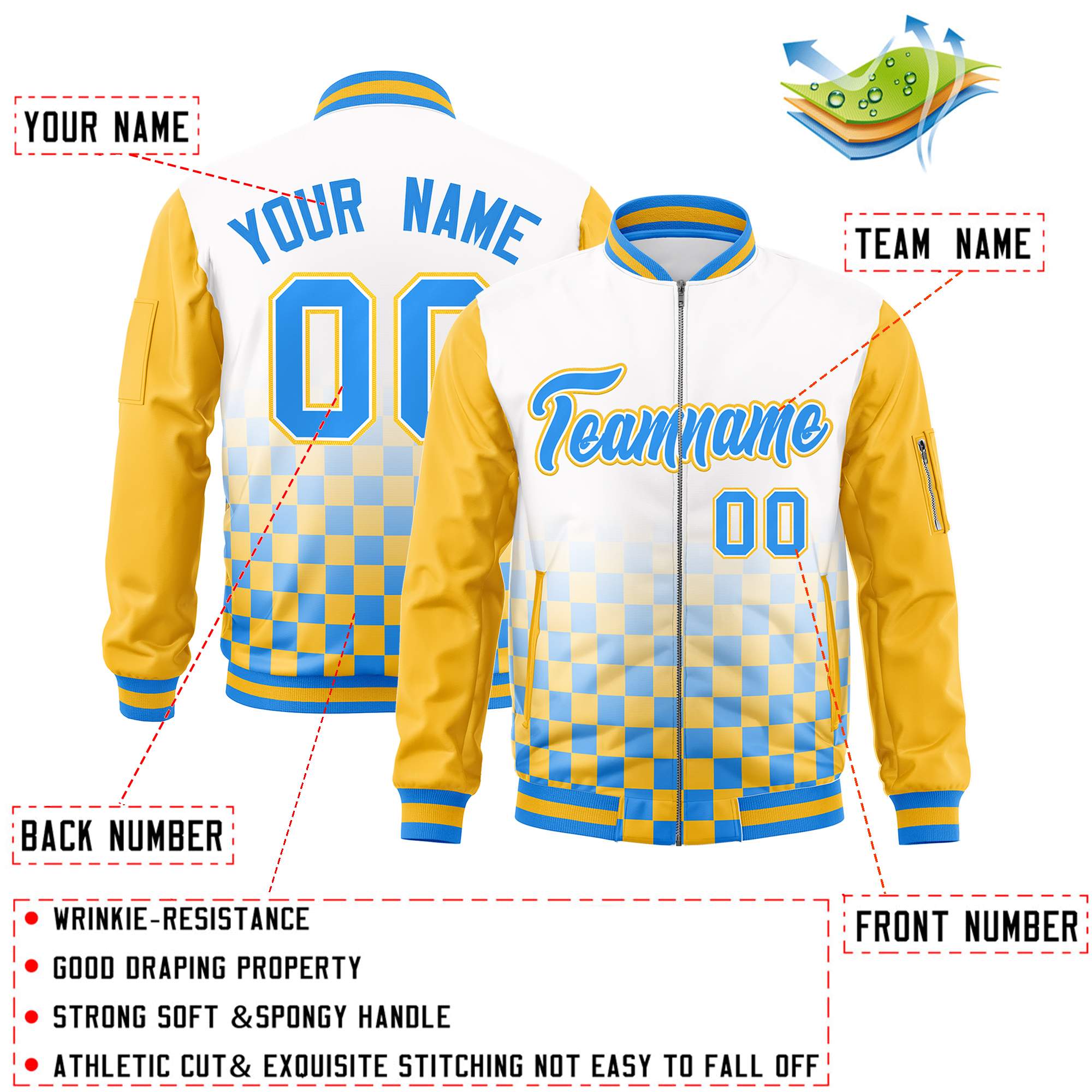 Custom White Powder Blue-Gold Grid Varsity Full-Zip Color Block Letterman Raglan Sleeve Jacket