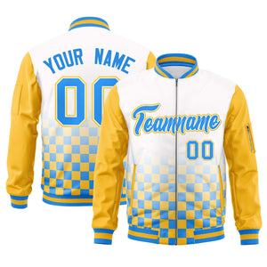 Custom White Powder Blue-Gold Grid Varsity Full-Zip Color Block Letterman Raglan Sleeve Jacket