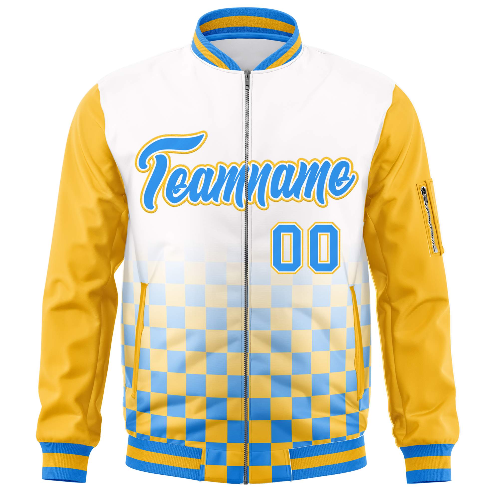 Custom White Powder Blue-Gold Grid Varsity Full-Zip Color Block Letterman Raglan Sleeve Jacket