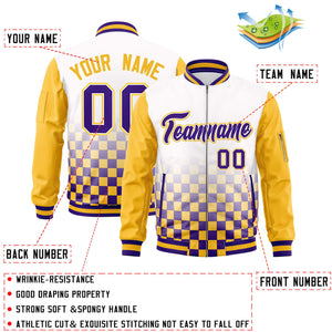 Custom White Purple-Gold Grid Varsity Full-Zip Color Block Letterman Raglan Sleeve Jacket