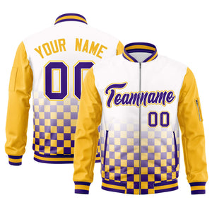 Custom White Purple-Gold Grid Varsity Full-Zip Color Block Letterman Raglan Sleeve Jacket