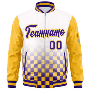 Custom White Purple-Gold Grid Varsity Full-Zip Color Block Letterman Raglan Sleeve Jacket