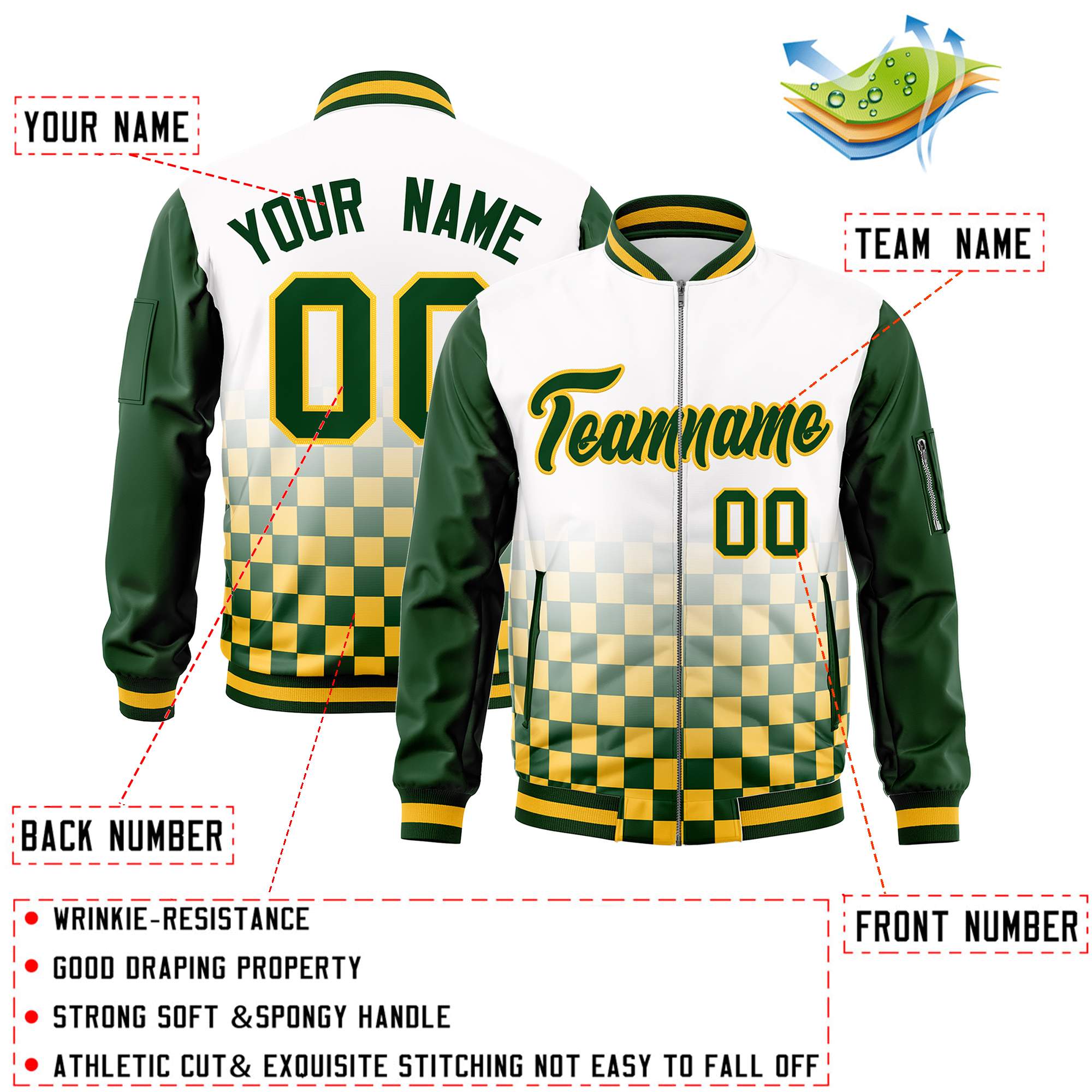 Custom White Green-Gold Grid Varsity Full-Zip Color Block Letterman Raglan Sleeve Jacket