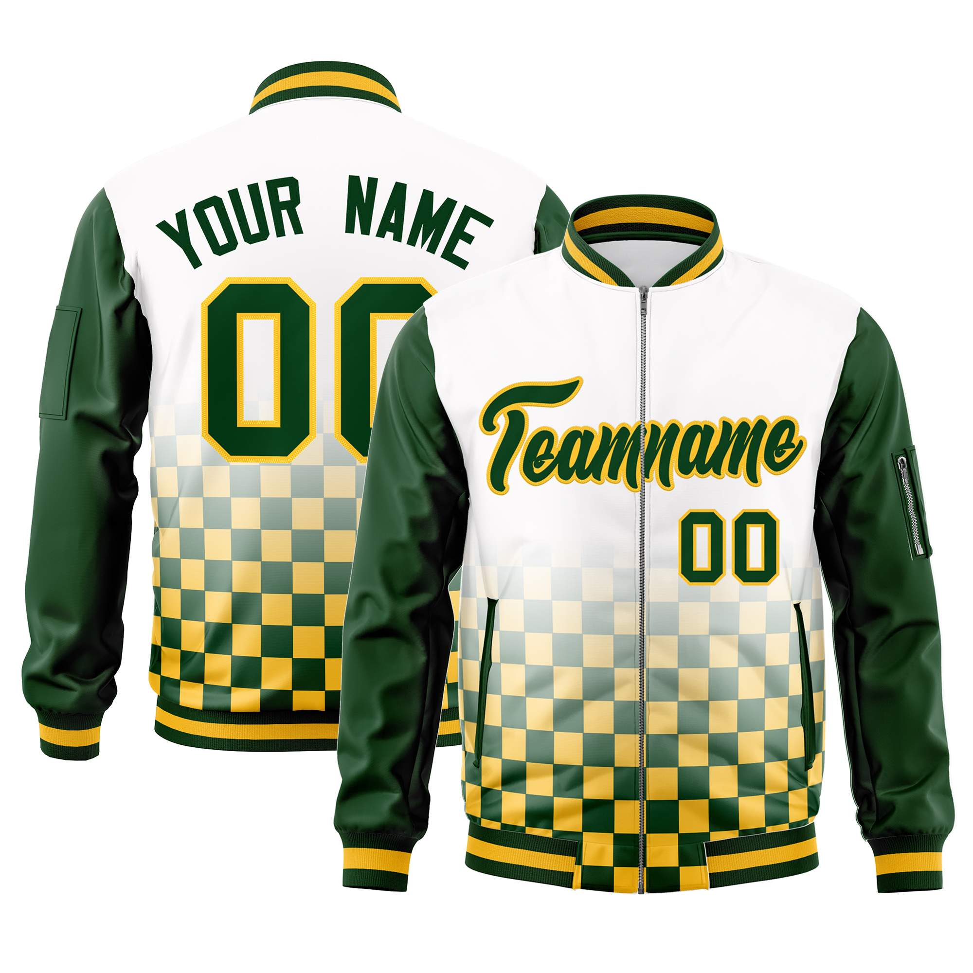 Custom White Green-Gold Grid Varsity Full-Zip Color Block Letterman Raglan Sleeve Jacket