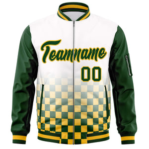 Custom White Green-Gold Grid Varsity Full-Zip Color Block Letterman Raglan Sleeve Jacket