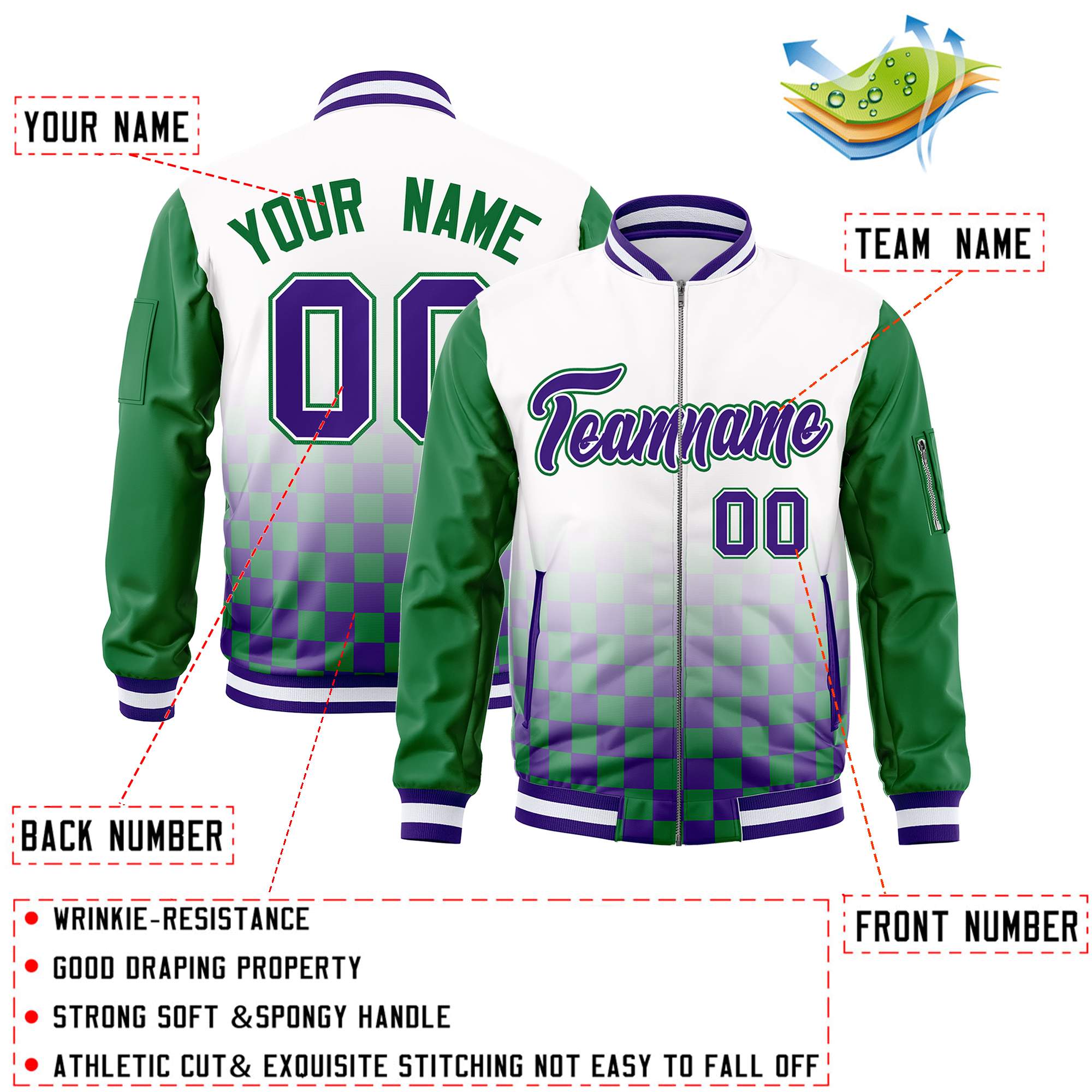 Custom White Purple-Kelly Green Grid Varsity Full-Zip Color Block Letterman Raglan Sleeve Jacket