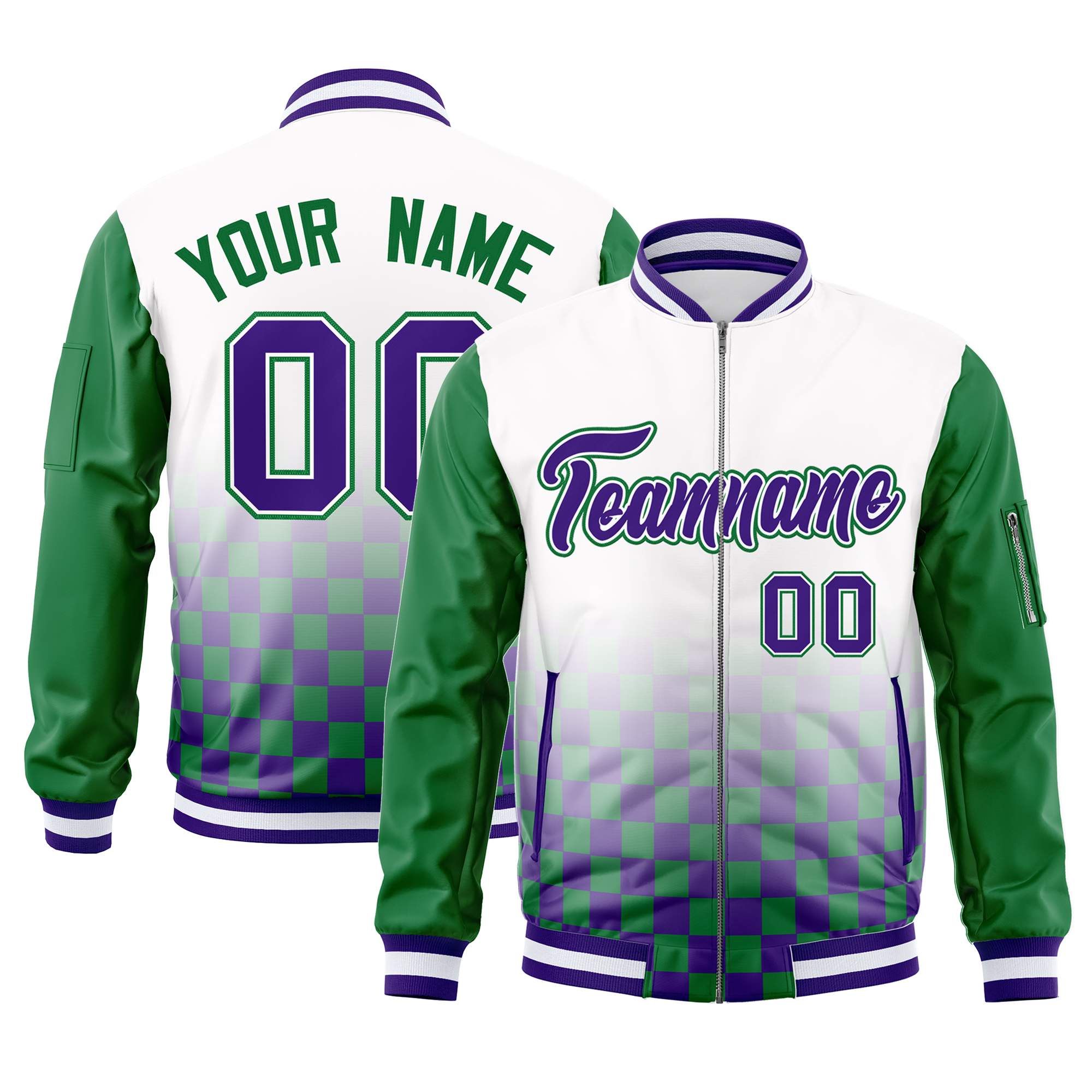 Custom White Purple-Kelly Green Grid Varsity Full-Zip Color Block Letterman Raglan Sleeve Jacket