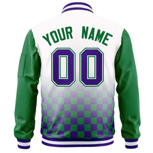 Custom White Purple-Kelly Green Grid Varsity Full-Zip Color Block Letterman Raglan Sleeve Jacket