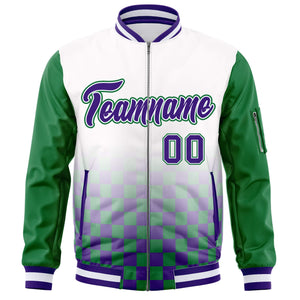 Custom White Purple-Kelly Green Grid Varsity Full-Zip Color Block Letterman Raglan Sleeve Jacket