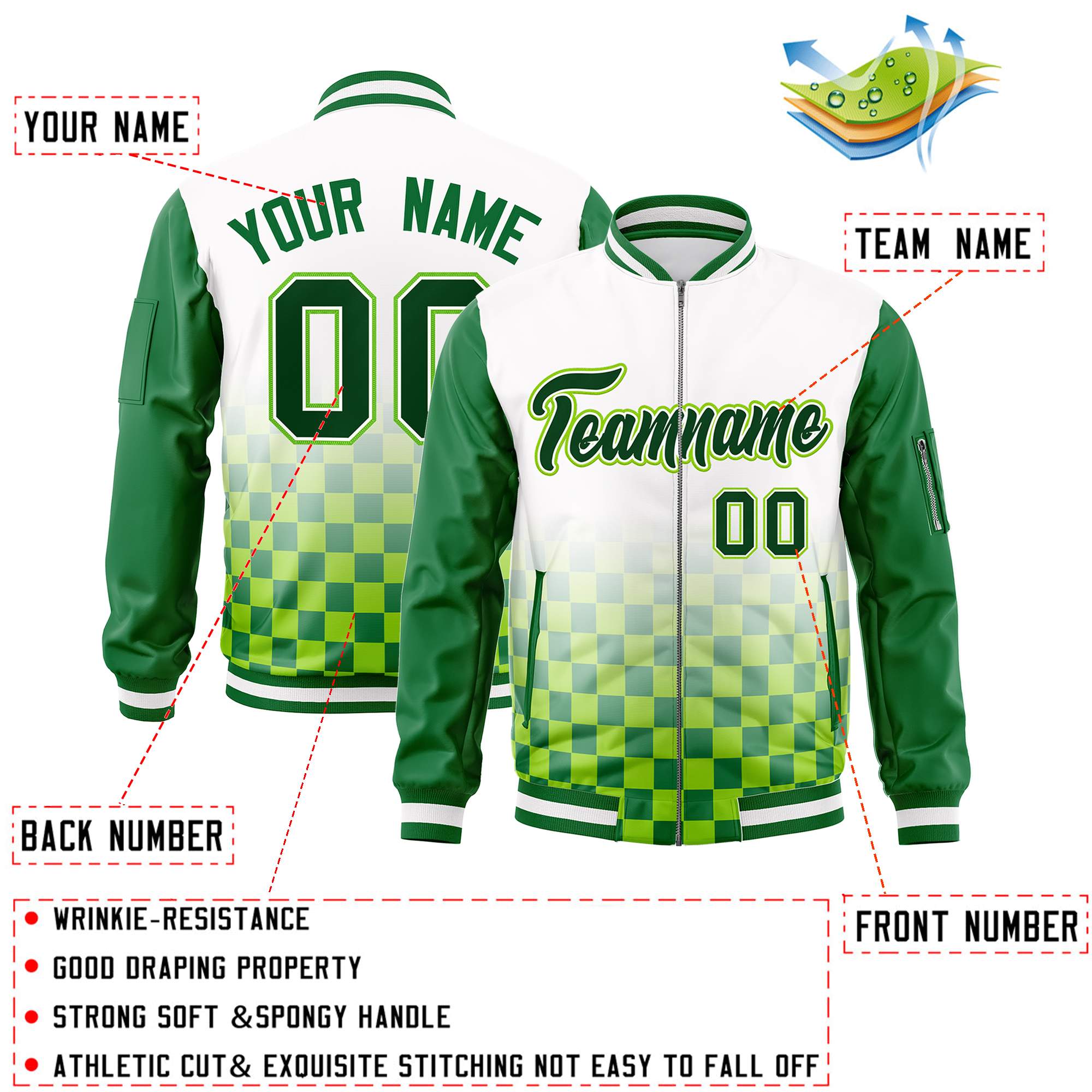 Custom White Green Grid Varsity Full-Zip Color Block Letterman Raglan Sleeve Jacket