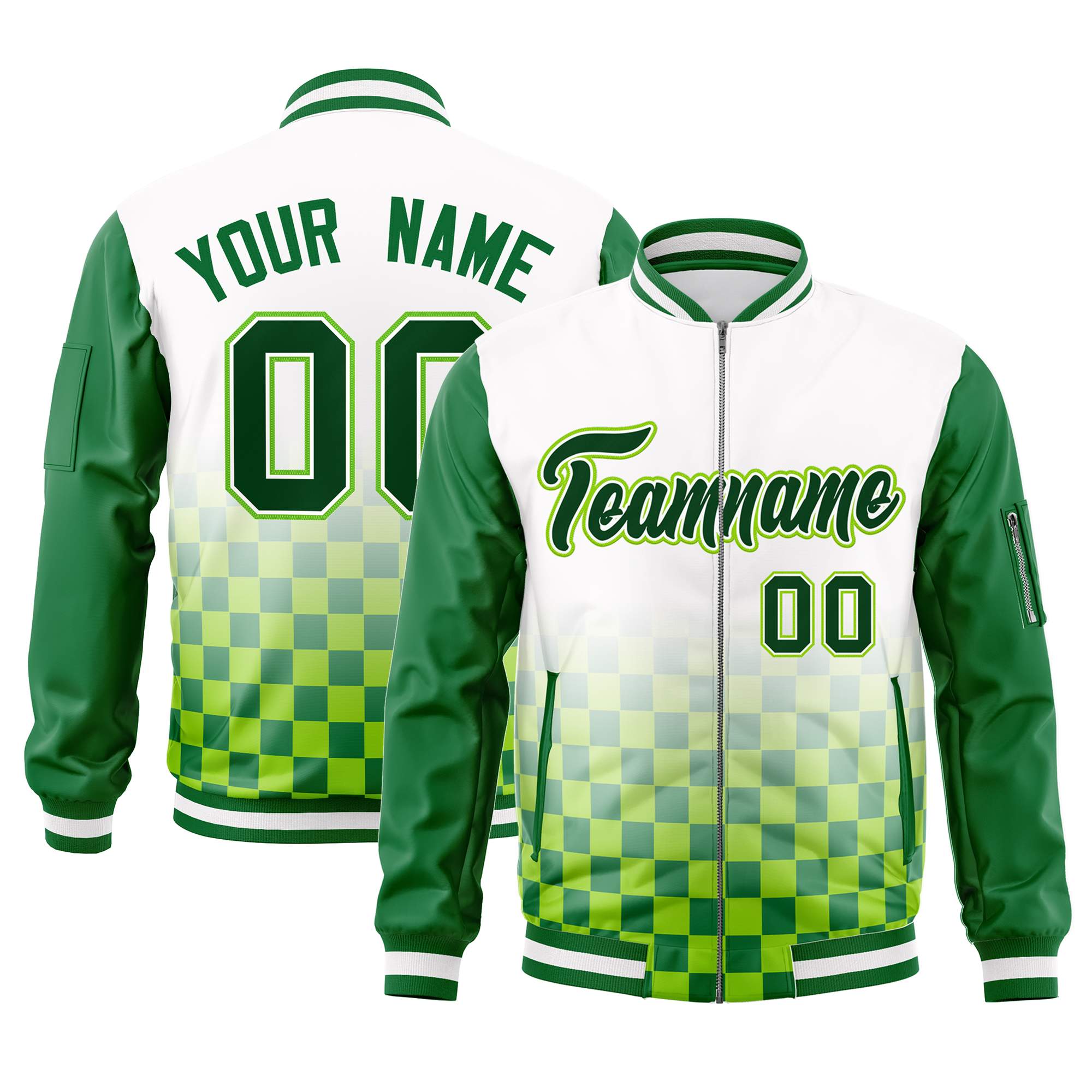 Custom White Green Grid Varsity Full-Zip Color Block Letterman Raglan Sleeve Jacket