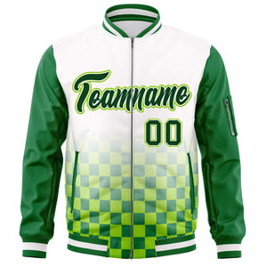 Custom White Green Grid Varsity Full-Zip Color Block Letterman Raglan Sleeve Jacket