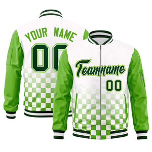 Custom White Green Grid Varsity Full-Zip Color Block Letterman Raglan Sleeve Jacket