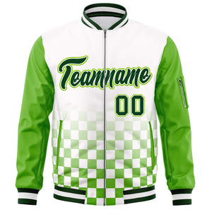 Custom White Green Grid Varsity Full-Zip Color Block Letterman Raglan Sleeve Jacket