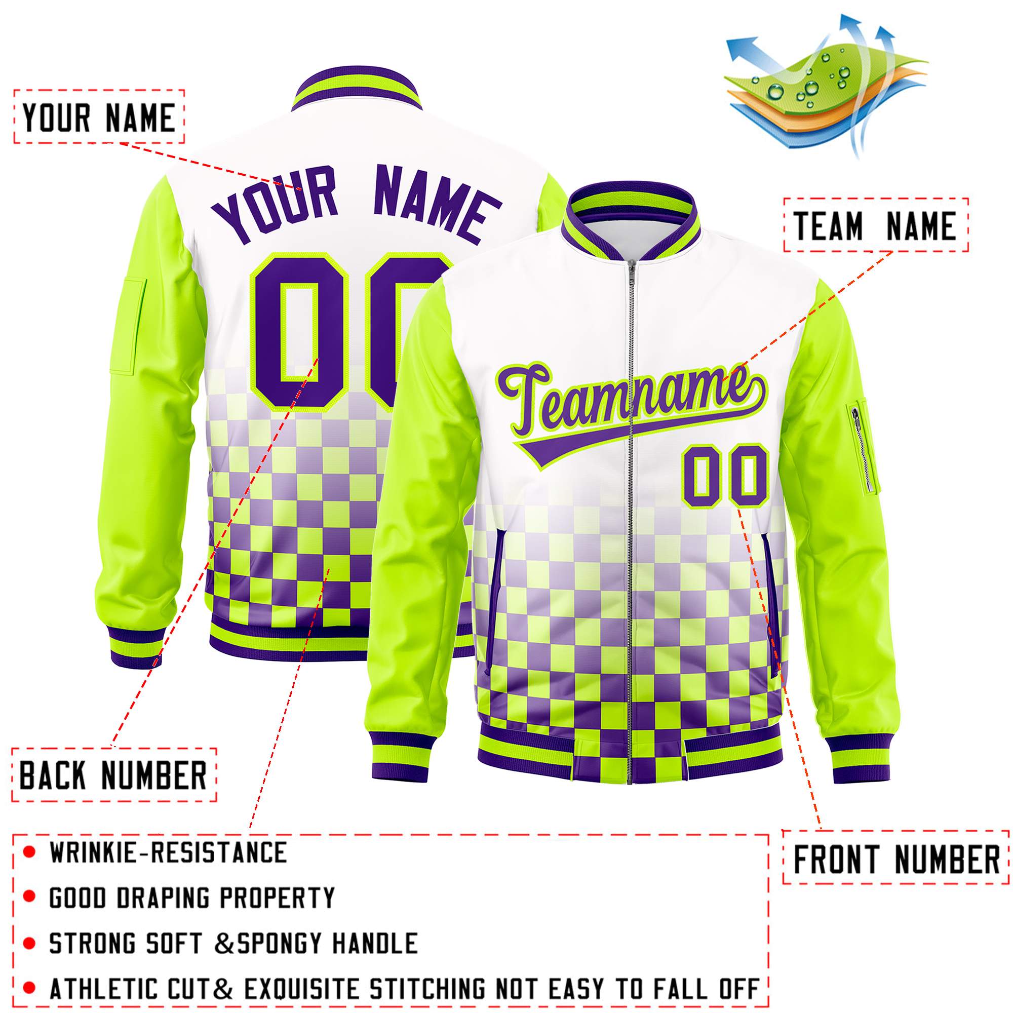 Custom White Purple-Neon Green Grid Varsity Full-Zip Color Block Letterman Raglan Sleeve Jacket