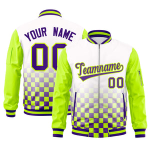 Custom White Purple-Neon Green Grid Varsity Full-Zip Color Block Letterman Raglan Sleeve Jacket