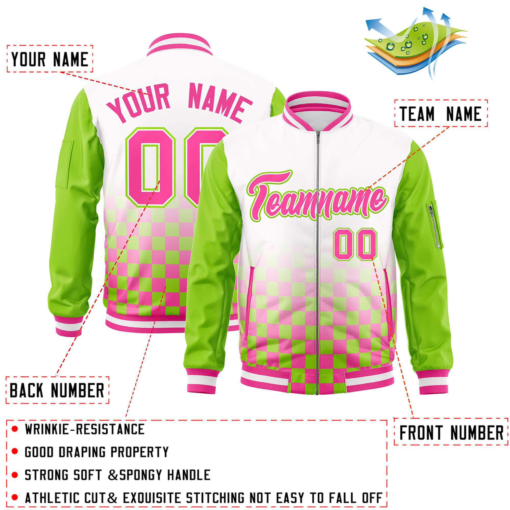 Custom White Pink-Neon Green Grid Varsity Full-Zip Color Block Letterman Raglan Sleeve Jacket