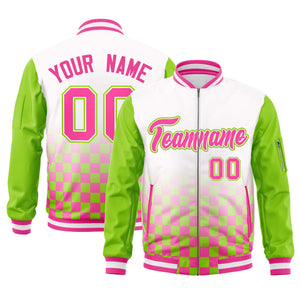 Custom White Pink-Neon Green Grid Varsity Full-Zip Color Block Letterman Raglan Sleeve Jacket