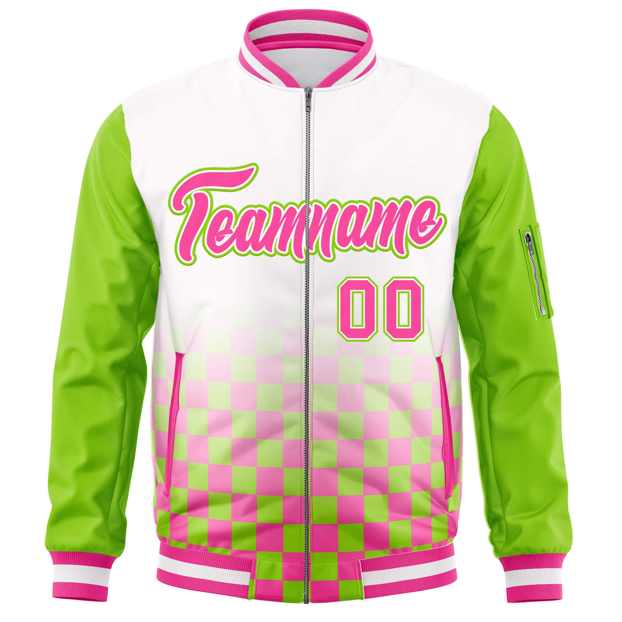 Custom White Pink-Neon Green Grid Varsity Full-Zip Color Block Letterman Raglan Sleeve Jacket