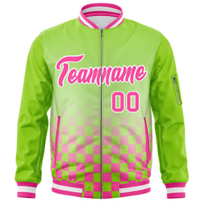 Custom Neon Green Pink-White Grid Varsity Full-Zip Color Block Letterman Raglan Sleeve Jacket