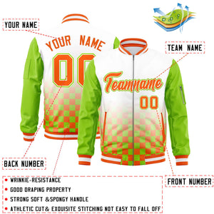 Custom White Orange-Neon Green Grid Varsity Full-Zip Color Block Letterman Raglan Sleeve Jacket