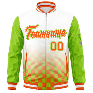 Custom White Orange-Neon Green Grid Varsity Full-Zip Color Block Letterman Raglan Sleeve Jacket