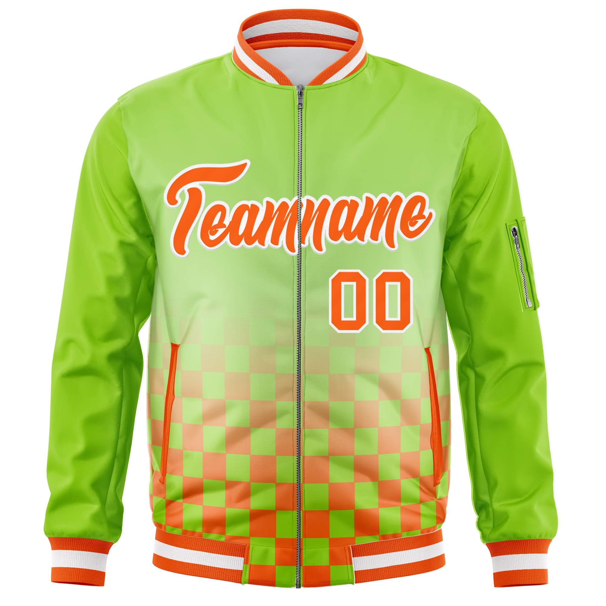 Custom Neon Green Orange-White Grid Varsity Full-Zip Color Block Letterman Bomber Jacket