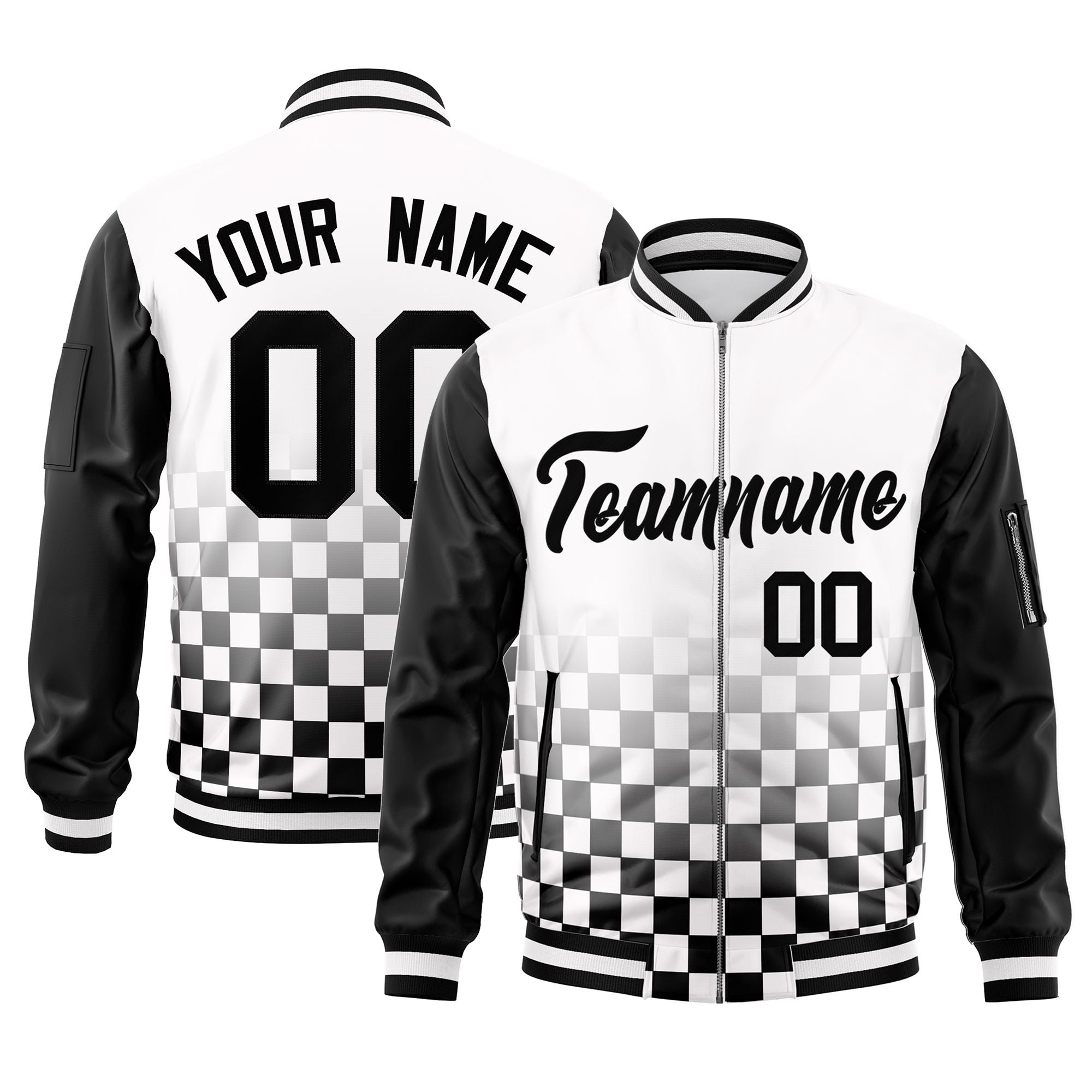 Custom White Black Grid Varsity Full-Zip Color Block Letterman Raglan Sleeve Jacket