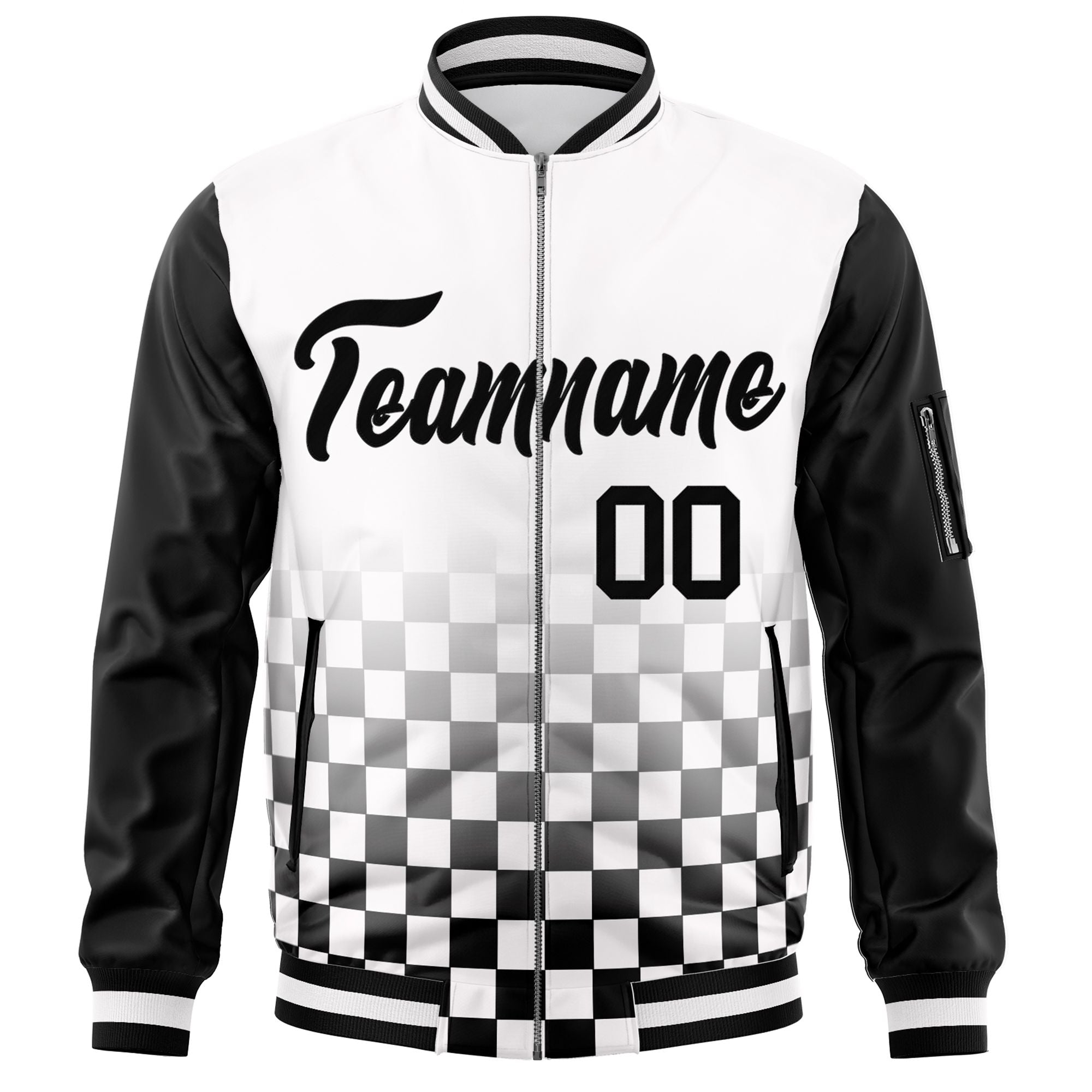 Custom White Black Grid Varsity Full-Zip Color Block Letterman Raglan Sleeve Jacket