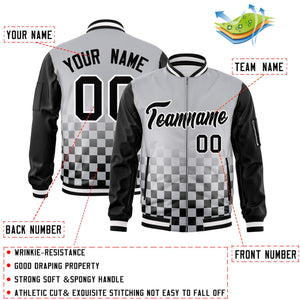 Custom Gray Black-White Grid Varsity Full-Zip Color Block Letterman Raglan Sleeve Jacket