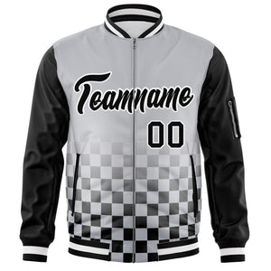 Custom Gray Black-White Grid Varsity Full-Zip Color Block Letterman Raglan Sleeve Jacket