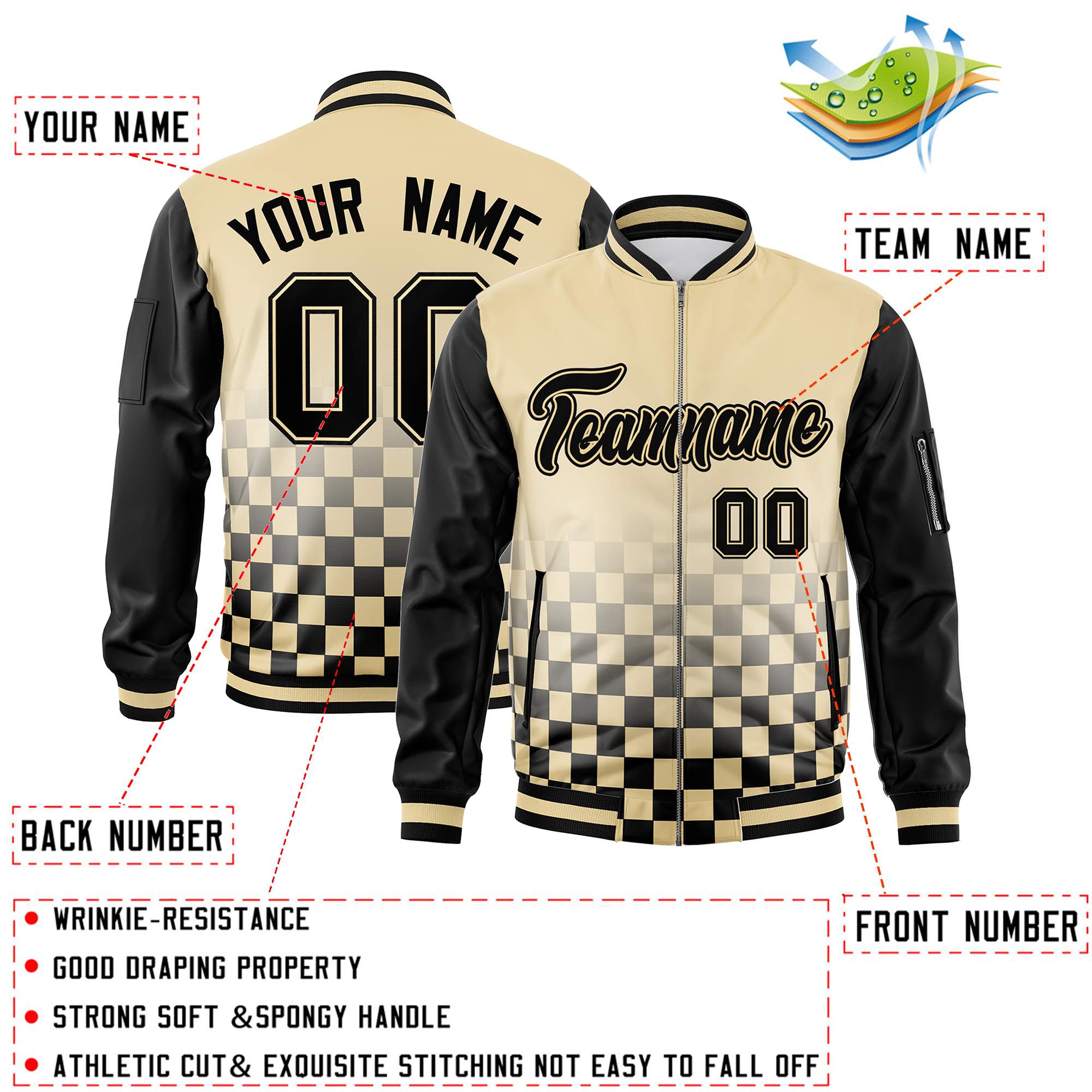 Custom Khaki Black Grid Varsity Full-Zip Color Block Letterman Raglan Sleeve Jacket