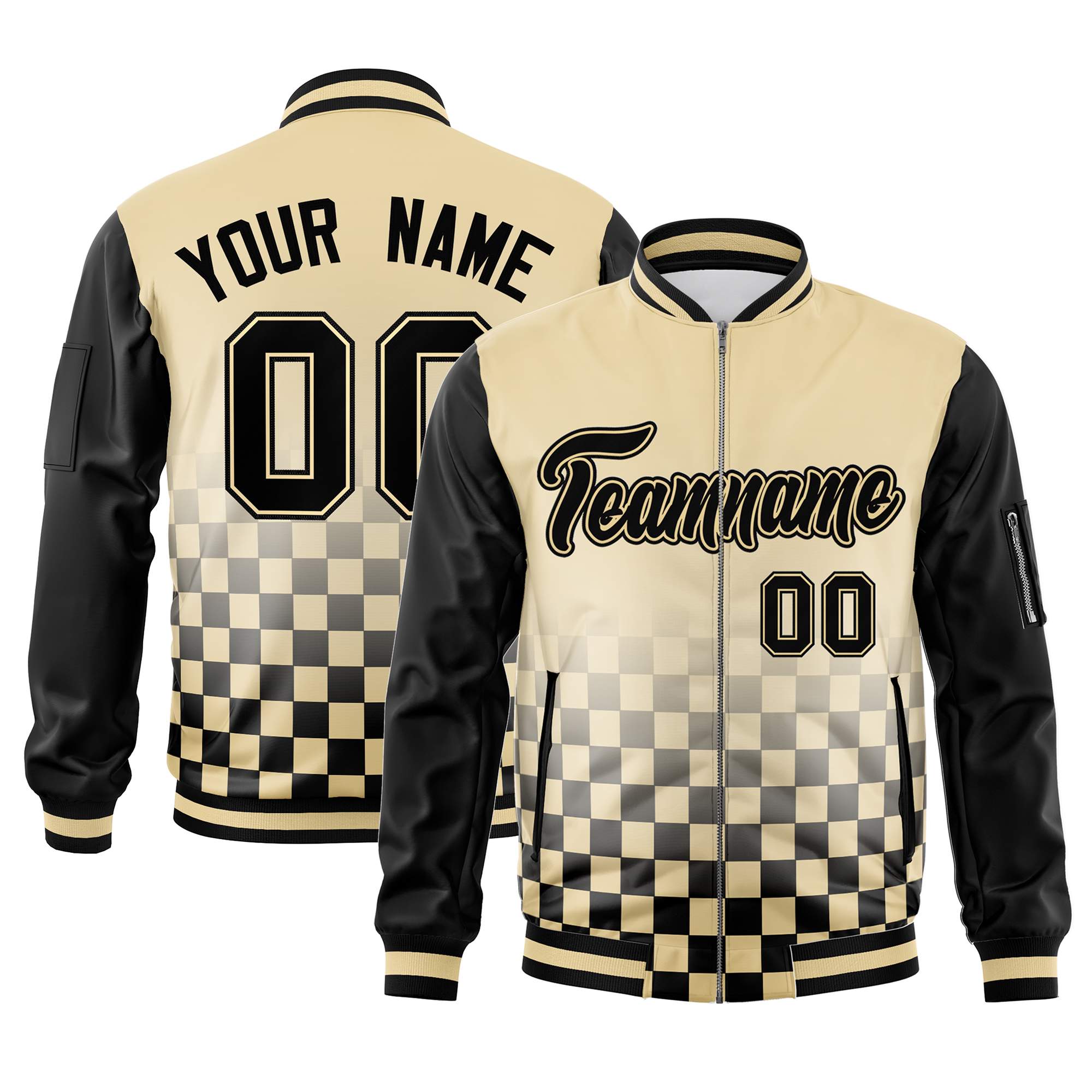 Custom Khaki Black Grid Varsity Full-Zip Color Block Letterman Raglan Sleeve Jacket