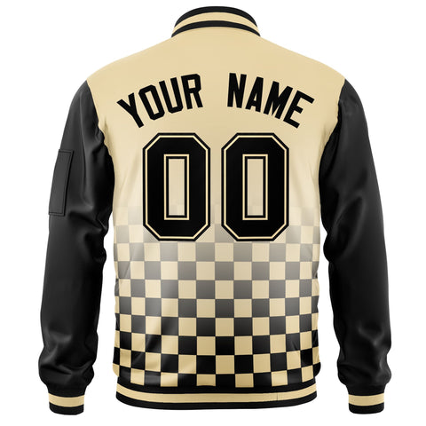Custom Khaki Black Grid Varsity Full-Zip Color Block Letterman Raglan Sleeve Jacket