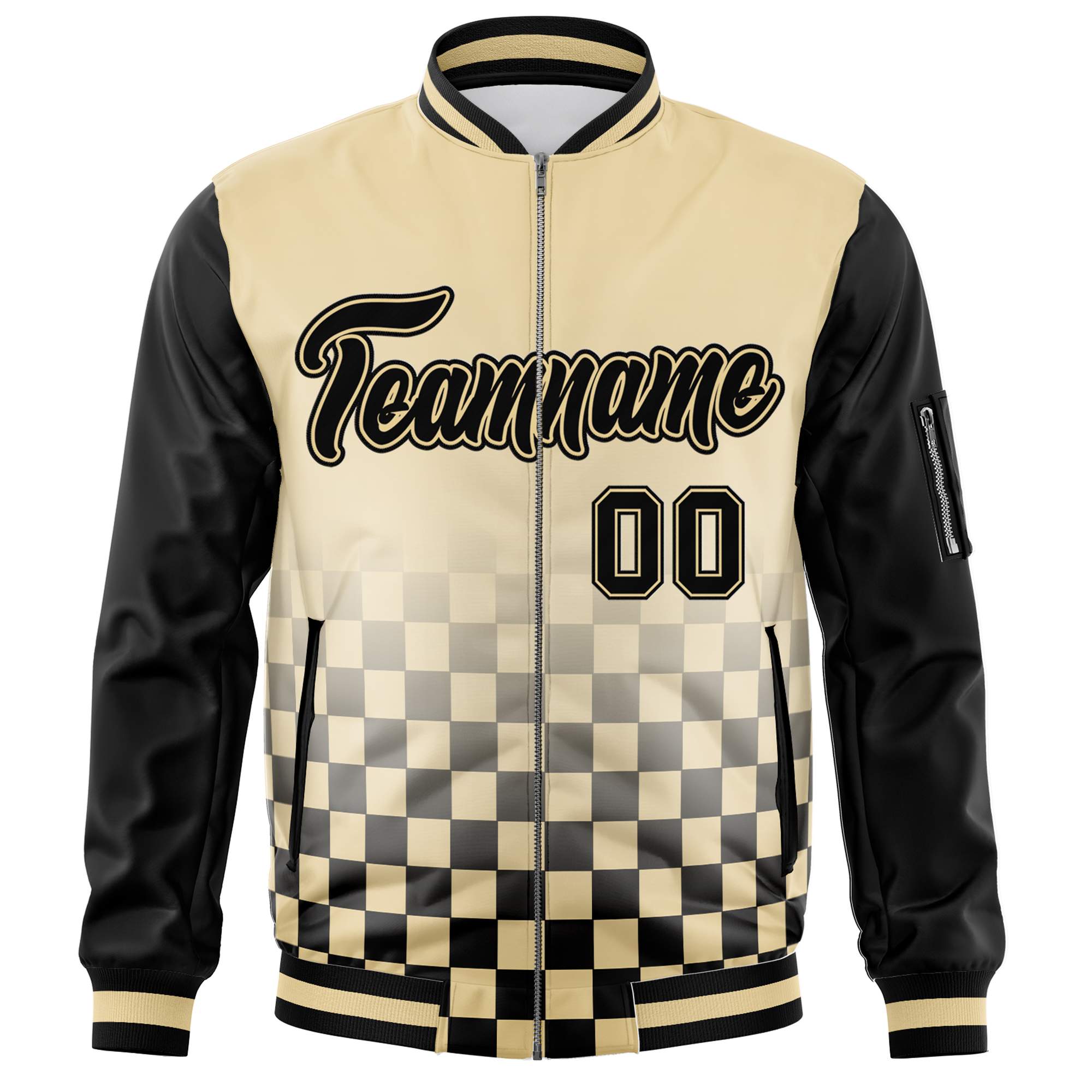 Custom Khaki Black Grid Varsity Full-Zip Color Block Letterman Raglan Sleeve Jacket