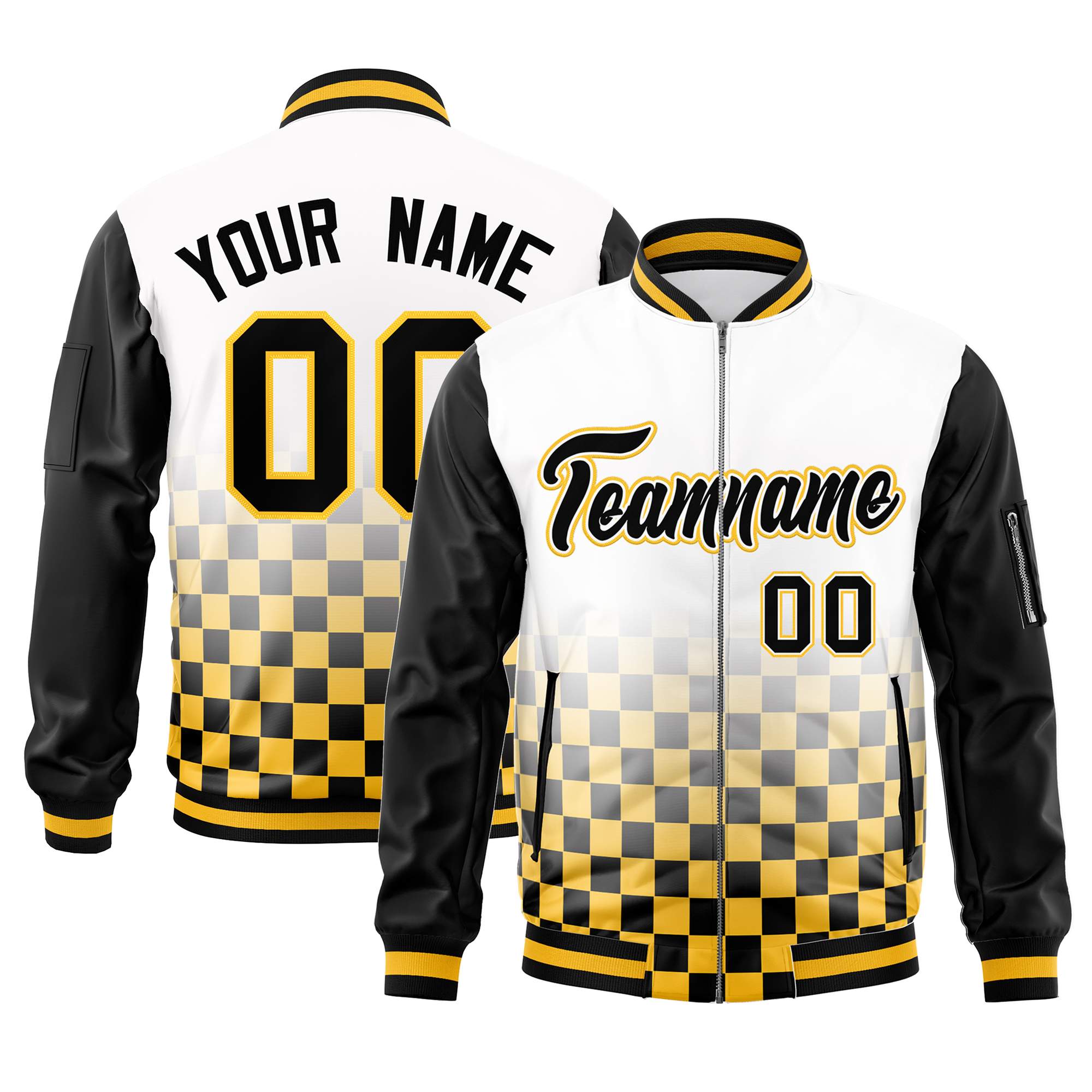 Custom White Black-Gold Grid Varsity Full-Zip Color Block Letterman Raglan Sleeve Jacket