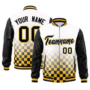 Custom White Black-Gold Grid Varsity Full-Zip Color Block Letterman Raglan Sleeve Jacket