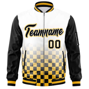 Custom White Black-Gold Grid Varsity Full-Zip Color Block Letterman Raglan Sleeve Jacket