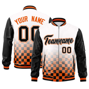 Custom White Black-Orange Grid Varsity Full-Zip Color Block Letterman Raglan Sleeve Jacket