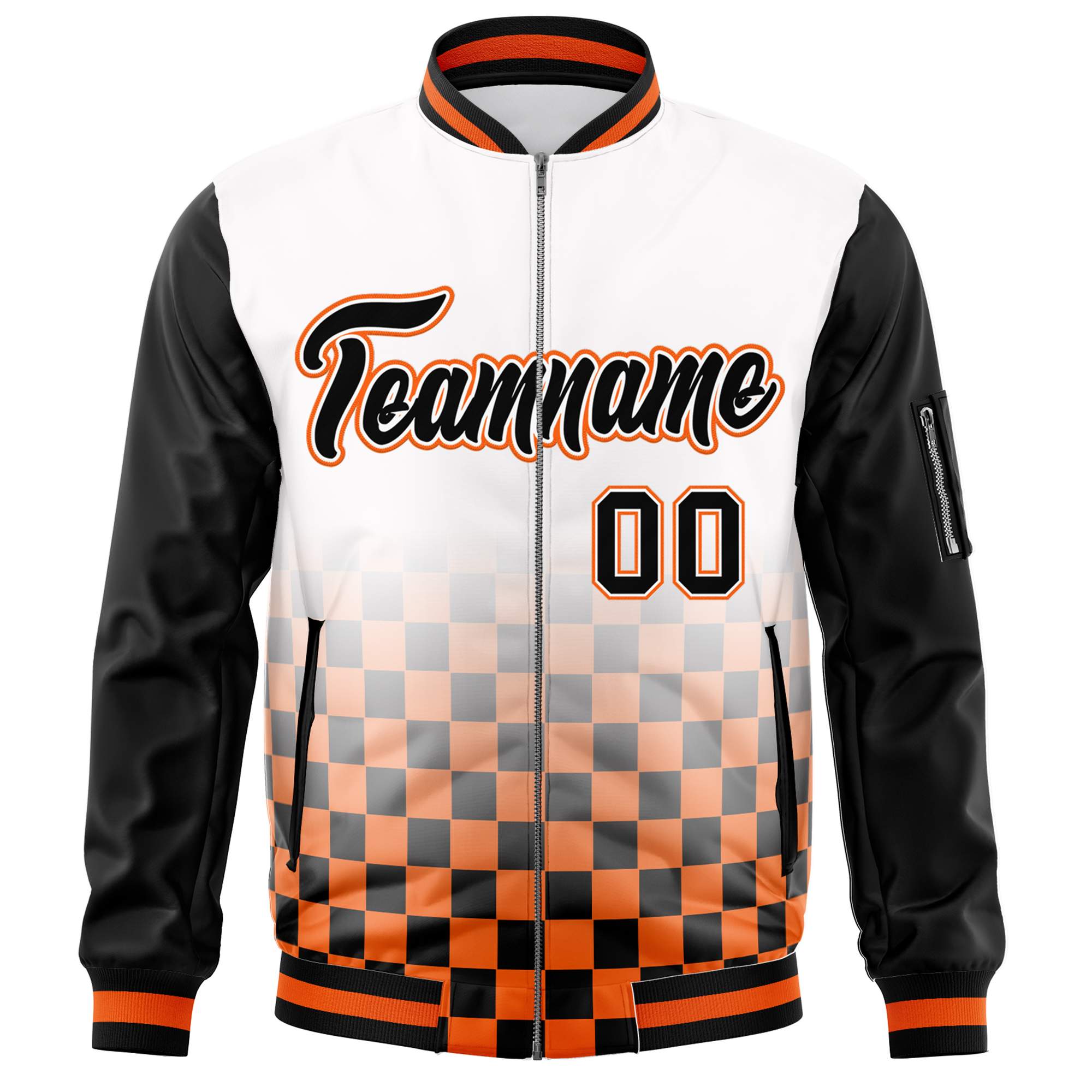 Custom White Black-Orange Grid Varsity Full-Zip Color Block Letterman Raglan Sleeve Jacket